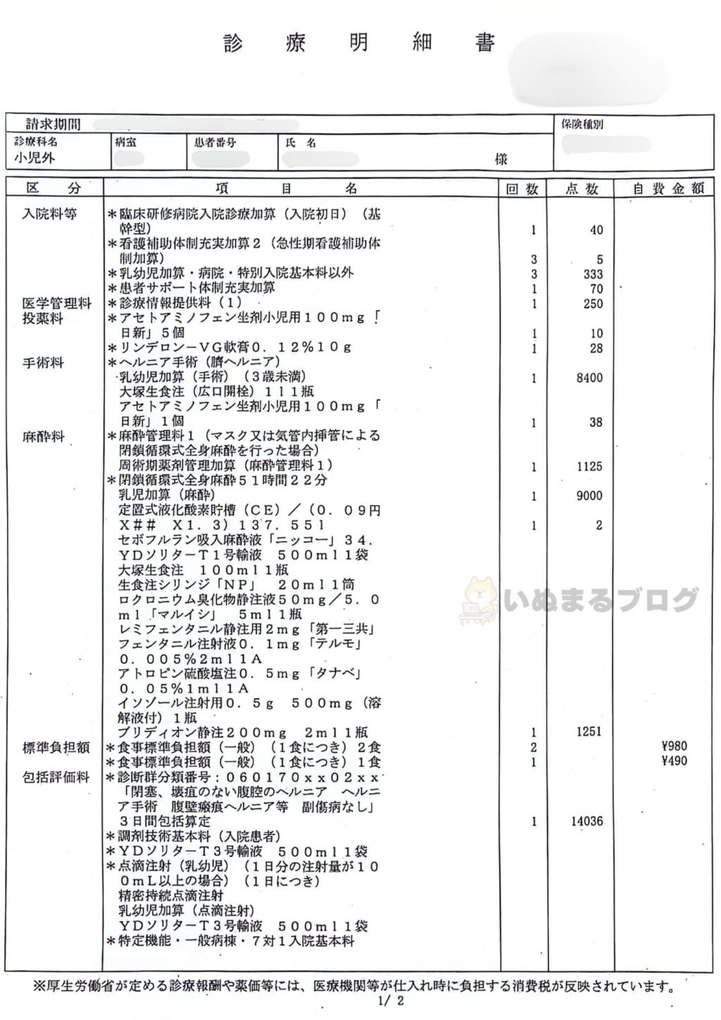 でべそ(臍ヘルニア)の診療明細書①