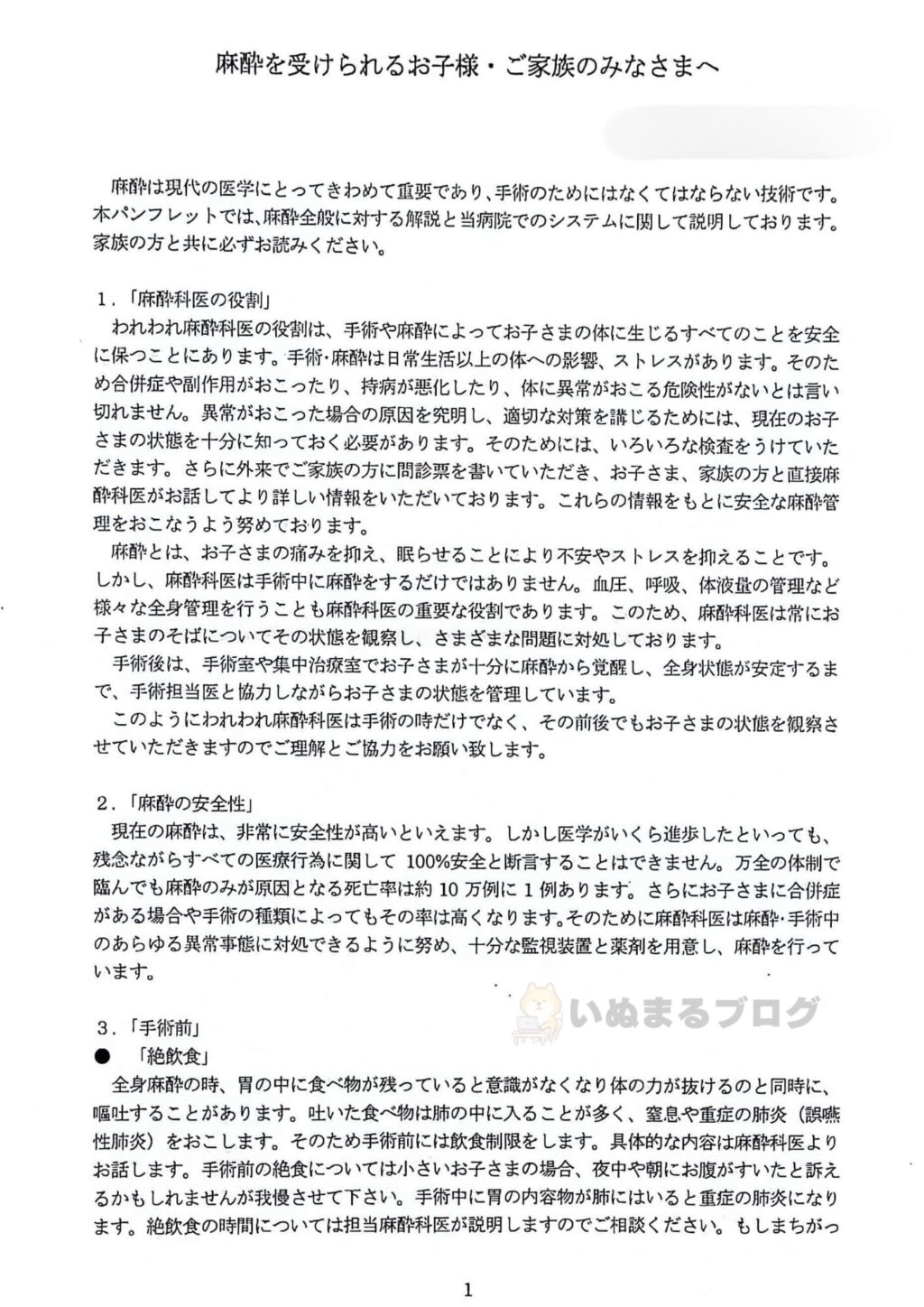 実際に病院からもらった麻酔の説明書類①