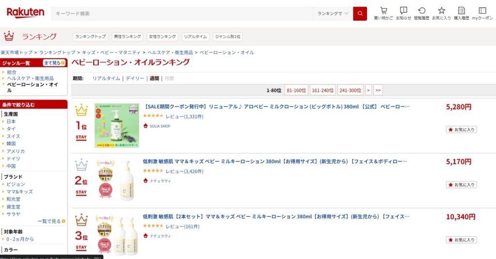 アロベビーミルクローションは楽天市場ベビーローション・オイルランキング1位